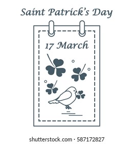Cute vector illustration: calendar with bird and clover for St. Patrick's Day. Design for banner, poster or print.