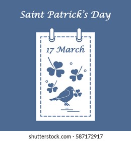 Cute vector illustration: calendar with bird and clover for St. Patrick's Day. Design for banner, poster or print.