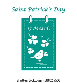Cute vector illustration: calendar with bird and clover for St. Patrick's Day. Design for banner, poster or print.