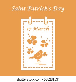 Cute vector illustration: calendar with bird and clover for St. Patrick's Day. Design for banner, poster or print.