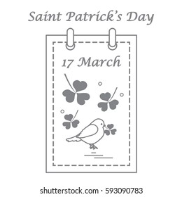Cute vector illustration: calendar with bird and clover for St. Patrick's Day. Design for banner, poster or print.