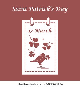 Cute vector illustration: calendar with bird and clover for St. Patrick's Day. Design for banner, poster or print.