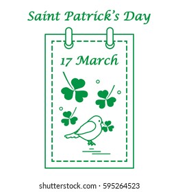 Cute vector illustration: calendar with bird and clover for St. Patrick's Day. Design for banner, poster or print.