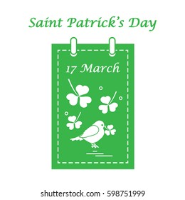 Cute vector illustration: calendar with bird and clover for St. Patrick's Day. Design for banner, poster or print.