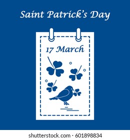 Cute vector illustration: calendar with bird and clover for St. Patrick's Day. Design for banner, poster or print.