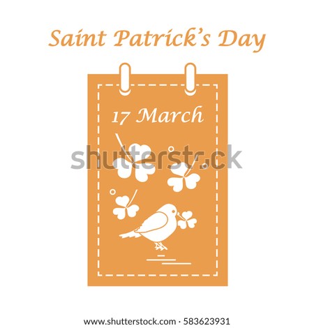 Cute vector illustration: calendar with bird and clover for St. Patrick's Day. Design for banner, poster or print.