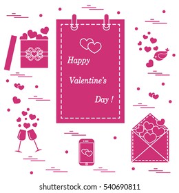 Cute vector illustration: calendar with Valentine'??s Day, gifts, postal envelope, two stemware, smartphone, birds with hearts. Design for banner, flyer, poster or print. 