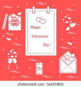 Cute vector illustration: calendar with Valentine'??s Day, gifts, postal envelope, two stemware, smartphone, birds with hearts. Design for banner, flyer, poster or print. 