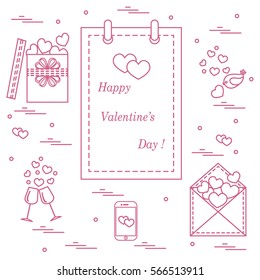 Cute vector illustration: calendar with Valentine'??s Day, gifts, postal envelope, two stemware, smartphone, birds with hearts. Design for banner, flyer, poster or print. 