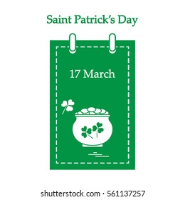 Cute vector illustration: calendar with a pot full of gold coins and clover for St. Patrick's Day. Design for banner, poster or print.