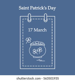 Cute vector illustration: calendar with a pot full of gold coins and clover for St. Patrick's Day. Design for banner, poster or print.
