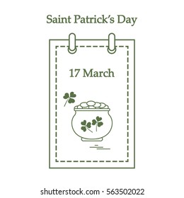 Cute vector illustration: calendar with a pot full of gold coins and clover for St. Patrick's Day. Design for banner, poster or print.