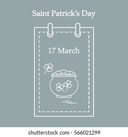 Cute vector illustration: calendar with a pot full of gold coins and clover for St. Patrick's Day. Design for banner, poster or print.