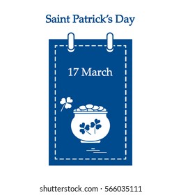 Cute vector illustration: calendar with a pot full of gold coins and clover for St. Patrick's Day. Design for banner, poster or print.