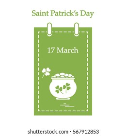 Cute vector illustration: calendar with a pot full of gold coins and clover for St. Patrick's Day. Design for banner, poster or print.