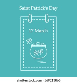 Cute vector illustration: calendar with a pot full of gold coins and clover for St. Patrick's Day. Design for banner, poster or print.