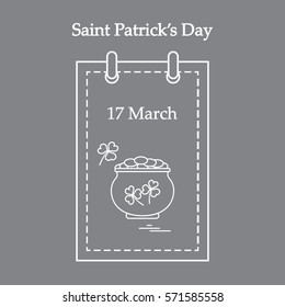 Cute vector illustration: calendar with a pot full of gold coins and clover for St. Patrick's Day. Design for banner, poster or print.