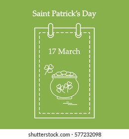Cute vector illustration: calendar with a pot full of gold coins and clover for St. Patrick's Day. Design for banner, poster or print.