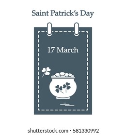 Cute vector illustration: calendar with a pot full of gold coins and clover for St. Patrick's Day. Design for banner, poster or print.