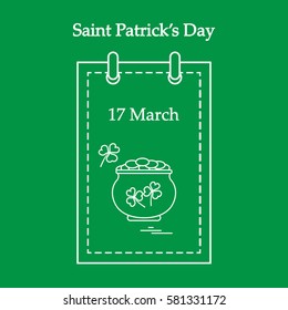 Cute vector illustration: calendar with a pot full of gold coins and clover for St. Patrick's Day. Design for banner, poster or print.