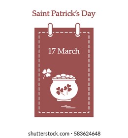Cute vector illustration: calendar with a pot full of gold coins and clover for St. Patrick's Day. Design for banner, poster or print.