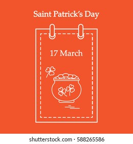 Cute vector illustration: calendar with a pot full of gold coins and clover for St. Patrick's Day. Design for banner, poster or print.