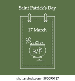 Cute vector illustration: calendar with a pot full of gold coins and clover for St. Patrick's Day. Design for banner, poster or print.
