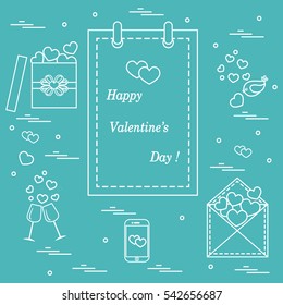 Cute vector illustration: calendar with Valentine's Day, gifts, postal envelope, two stemware, smartphone, birds with hearts. Design for banner, flyer, poster or print. 