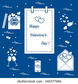 Cute vector illustration: calendar with Valentine's Day, gifts, postal envelope, two stemware, smartphone, birds with hearts. Design for banner, flyer, poster or print. 