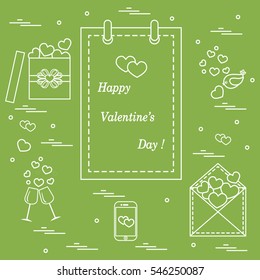 Cute vector illustration: calendar with Valentine's Day, gifts, postal envelope, two stemware, smartphone, birds with hearts. Design for banner, flyer, poster or print. 