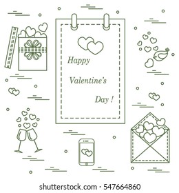 Cute vector illustration: calendar with Valentine's Day, gifts, postal envelope, two stemware, smartphone, birds with hearts. Design for banner, flyer, poster or print. 
