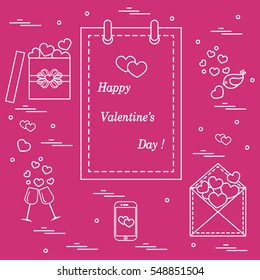 Cute vector illustration: calendar with Valentine's Day, gifts, postal envelope, two stemware, smartphone, birds with hearts. Design for banner, flyer, poster or print. 