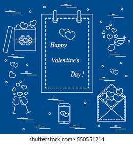 Cute vector illustration: calendar with Valentine's Day, gifts, postal envelope, two stemware, smartphone, birds with hearts. Design for banner, flyer, poster or print. 