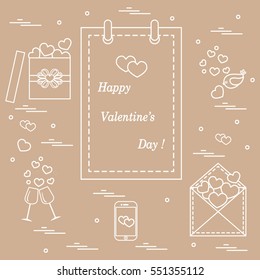 Cute vector illustration: calendar with Valentine's Day, gifts, postal envelope, two stemware, smartphone, birds with hearts. Design for banner, flyer, poster or print. 