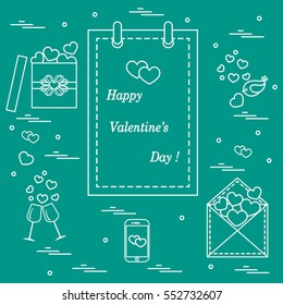 Cute vector illustration: calendar with Valentine's Day, gifts, postal envelope, two stemware, smartphone, birds with hearts. Design for banner, flyer, poster or print. 