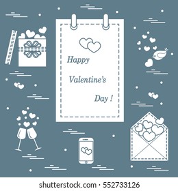 Cute vector illustration: calendar with Valentines Day, gifts, postal envelope, two stemware, smartphone, birds with hearts. Design for banner, flyer, poster or print. 