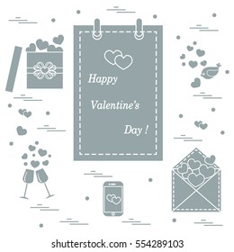 Cute vector illustration: calendar with Valentine's Day, gifts, postal envelope, two stemware, smartphone, birds with hearts. Design for banner, flyer, poster or print. 