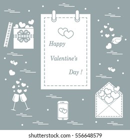 Cute vector illustration: calendar with Valentine's Day, gifts, postal envelope, two stemware, smartphone, birds with hearts. Design for banner, flyer, poster or print. 