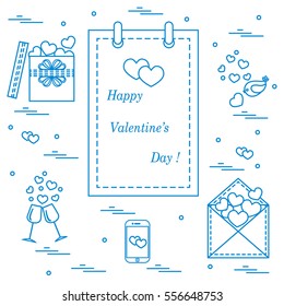 Cute vector illustration: calendar with Valentine's Day, gifts, postal envelope, two stemware, smartphone, birds with hearts. Design for banner, flyer, poster or print. 