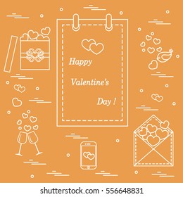 Cute vector illustration: calendar with Valentine's Day, gifts, postal envelope, two stemware, smartphone, birds with hearts. Design for banner, flyer, poster or print. 