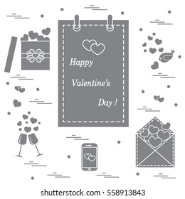 Cute vector illustration: calendar with Valentine's Day, gifts, postal envelope, two stemware, smartphone, birds with hearts. Design for banner, flyer, poster or print. 