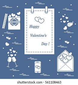 Cute vector illustration: calendar with Valentine's Day, gifts, postal envelope, two stemware, smartphone, birds with hearts. Design for banner, flyer, poster or print. 