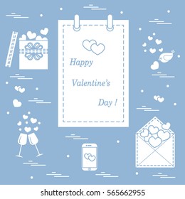 Cute vector illustration: calendar with Valentine's Day, gifts, postal envelope, two stemware, smartphone, birds with hearts. Design for banner, flyer, poster or print. 