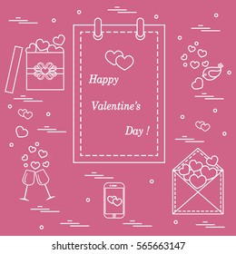 Cute vector illustration: calendar with Valentine's Day, gifts, postal envelope, two stemware, smartphone, birds with hearts. Design for banner, flyer, poster or print. 