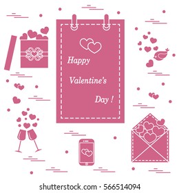 Cute vector illustration: calendar with Valentine's Day, gifts, postal envelope, two stemware, smartphone, birds with hearts. Design for banner, flyer, poster or print. 