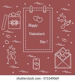 Cute vector illustration: calendar with Valentine's Day, gifts, postal envelope, two stemware, smartphone, birds with hearts. Design for banner, flyer, poster or print. 