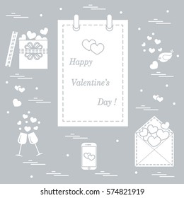 Cute vector illustration: calendar with Valentine's Day, gifts, postal envelope, two stemware, smartphone, birds with hearts. Design for banner, flyer, poster or print. 