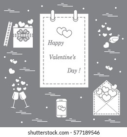 Cute vector illustration: calendar with Valentine's Day, gifts, postal envelope, two stemware, smartphone, birds with hearts. Design for banner, flyer, poster or print. 