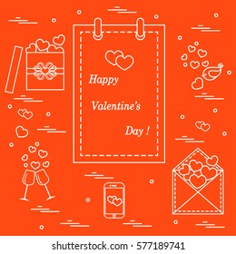 Cute vector illustration: calendar with Valentine's Day, gifts, postal envelope, two stemware, smartphone, birds with hearts. Design for banner, flyer, poster or print. 