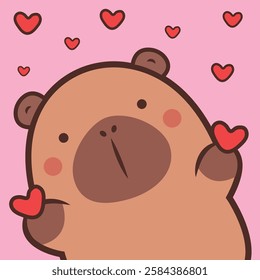 Cute vector illustration of capybara animals perfect for Valentine's Day cards invitations. Capybara with hearts in hands